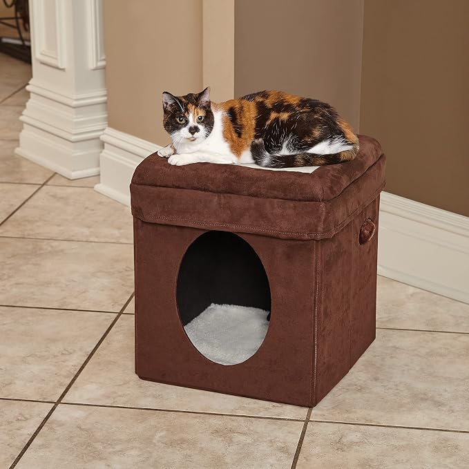 MidWest Homes for Pets Feline Nuvo Curious Cat Cube, Foldable Pet Hideout with Toy, Bolstered Bed Top, Faux Brown Suede, Synthetic Sheepskin - Image 2