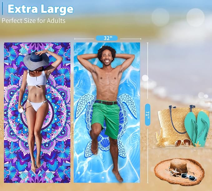 6 Pack Microfiber Thin Lightweight Beach Towel Oversized 71x32 Extra Large Sand Free Towels for Travel Swim Pool Yoga Gym Camping for Adults Women Men Beach Essentials Accessories Vacation Gift - Image 3