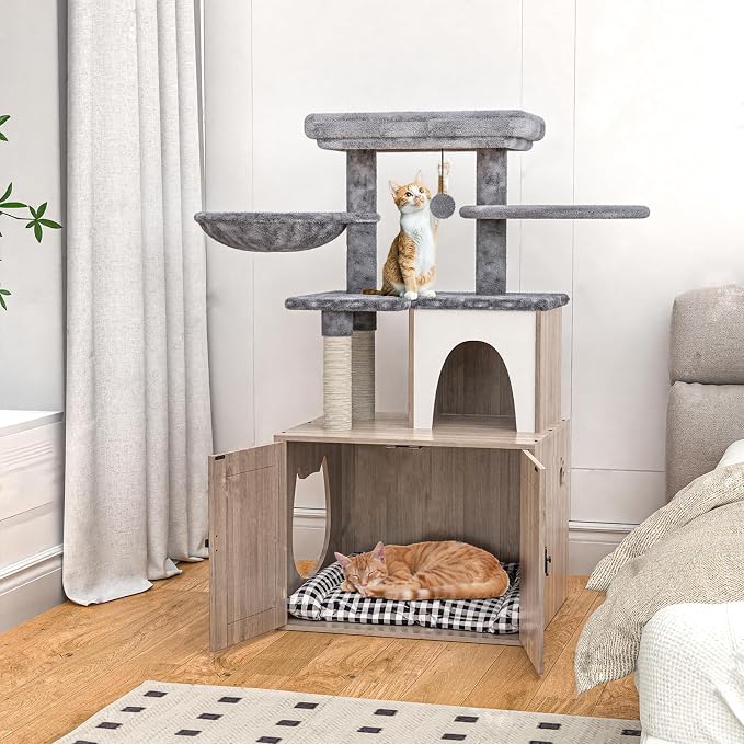 HavenlyYouth Litter Box Enclosure with Cat Tree,Cat Tree with Litter Box Enclosure,Hidden Pet Washroom Furniture with Sisal Scratching Post,Hammocks,Condo,Multiple Platform,Soft Plush Perch, Grey - Image 8