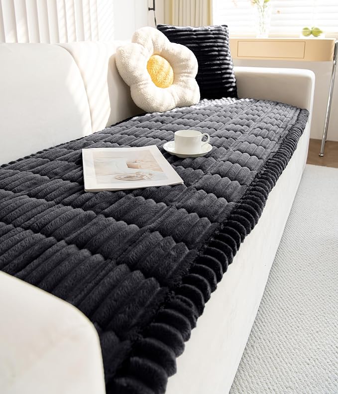 Faux Fur Plush Dog Couch Cover 3D Stripe Fuzzy Sofa Cover Non-Slip Fluffy Dog Bed Cover Pet Blanket Sofa Couch Furniture Protector for Puppy Large Dog Cat (Black,35"x63") - Image 6