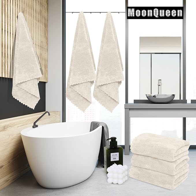 MOONQUEEN 2 Pack Premium Bath Towel Set - Quick Drying - Microfiber Coral Velvet Highly Absorbent Towels - Multipurpose Use as Bath Fitness, Bathroom, Shower, Sports, Yoga Towel (Cream) - Image 2