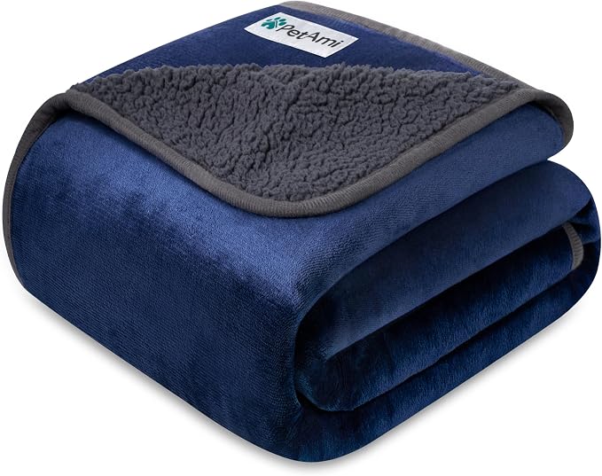 PETAMI Sherpa Fleece Waterproof CAT and Dog Blanket, Navy/Gray, Large by PetAmi