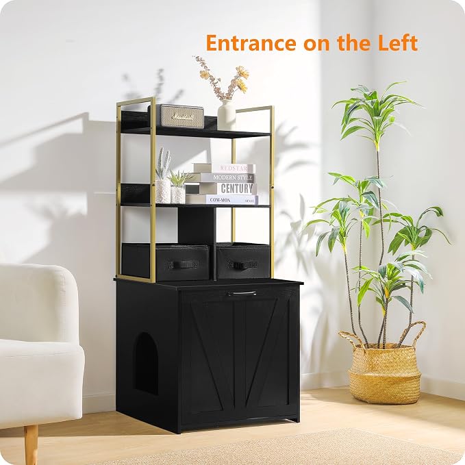 Dwanton Litter Box Enclosure with 2 Storage Shelves and 2 Drawers, 2-in-1 Hidden Cat Litter Box Enclosure Furniture with Shelf, Reversible Entrance, Washable Drawers, 50-Inch, Black+Gold - Image 5