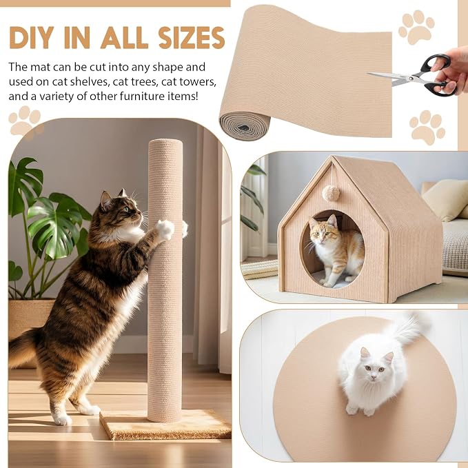 4 Pcs 118" x 15.8" Khaki Cat Scratch Mat, Trimmable Self-Adhesive Cats Scratch Carpet Couch Protector from Claw with Screws for Covering Cat Tower and Replacement Pads Wall Protector - Image 3