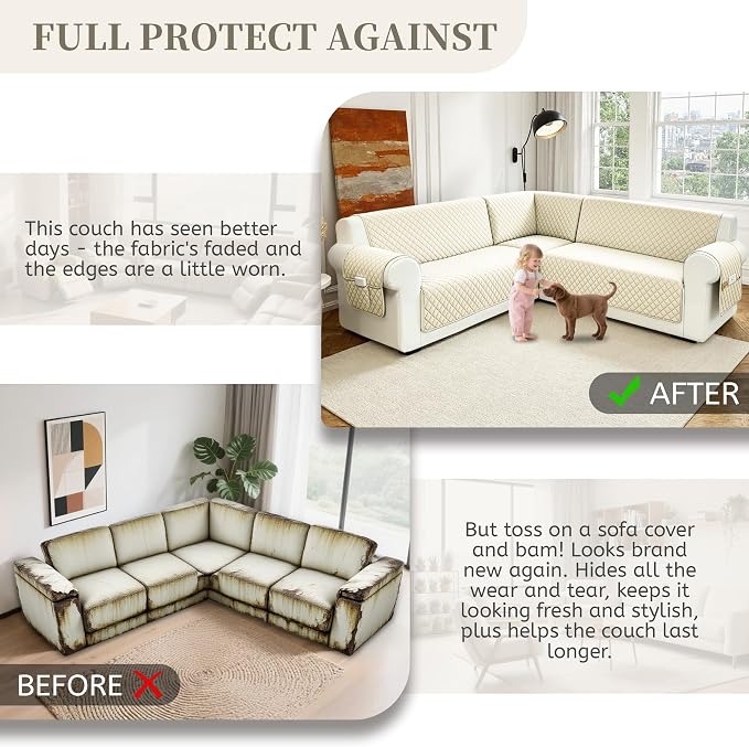 Sectional Couch Covers for Dogs 100% Waterproof Corner L Shaped Sofa Cover Pet Friendly Velvet Washable Anti Slip L Shape Modular Sofa Slipcover Protector with Pockets (Ivory White, Large) - Image 7