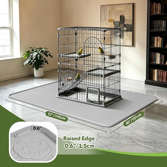 Silicone Bird Cage Mat 57" x 40" Under Crate Floor Protector, Light Grey | Extra Large Waterproof Bird Cage Liner with Raised Edges, Non-Slip Under Crate Mat for Dog Cages, Kennels, Reptile Aquariums - Image 2