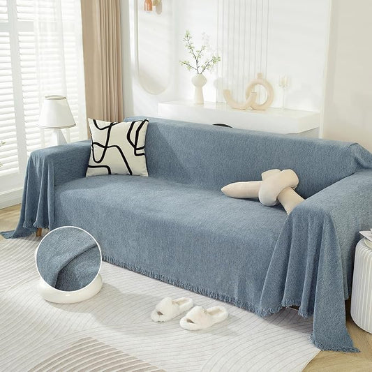 DREAMINGO Modern Minimalism Grayish Blue Couch Cover Sectional Sofa Covers for 3 Cushion Couch Washable Chenille Pet Couch Protector for Dogs Boho Herringbone Sofa Furniture Slipcover, 71"x150" by DREAMINGO