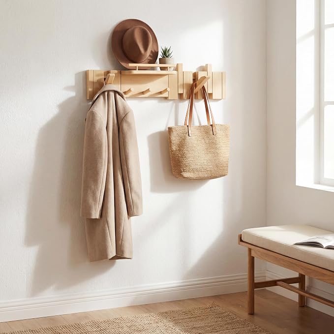 Mid Century Modern Wood Coat Rack Wall Mount with Shelf, 7 Hooks, Natural | Wood and metal wall rack with fold-down piano-key hooks and display shelf organizes coats, bags, keys and decor up to 25 lb. - Image 9