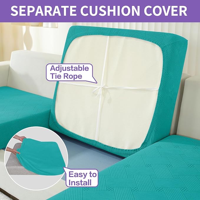 ZNSAYOTX 4 Piece Stretch Sofa Covers (71"-91"), Thick Striped Couch Covers for 3 Cushion Sofa with Elastic Band Bottom Ties Non-Slip Stay in Place, Soft Durable Washable Couch Slipcovers, Peacock Teal - Image 5