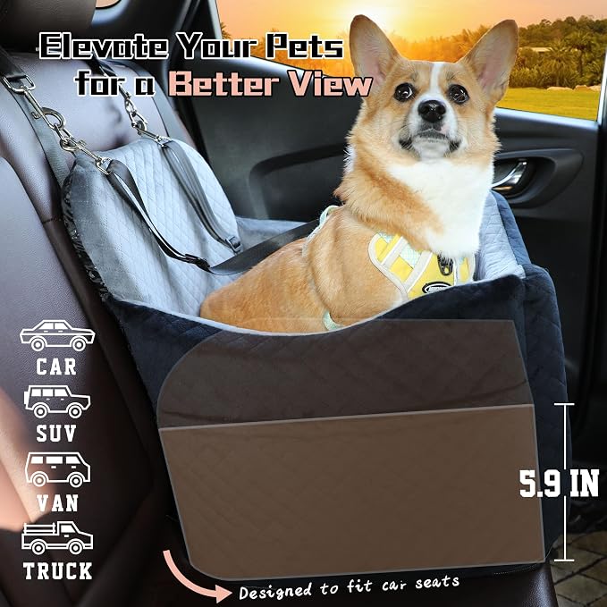 Dog Car Seat for Small/Medium Dogs,Pet Booster Seat with Harness,Memory Foam and Velvet,Safety Comfy Car Travel Pets Carrier,Interior Elevate,Washable and Detachable,Storage Pocket.(H-Black/Brown) - Image 3