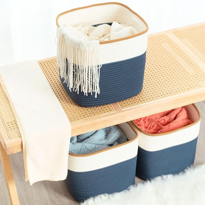 MINTWOOD Design 3-Pack 11x11 Inch Cube Storage Bin, Woven Storage Cube Organizer, Closet Organizer, Cute Square Storage Bins, Decorative Classroom Bathroom Pantry and Shelf Baskets, Prussian Blue - Image 6
