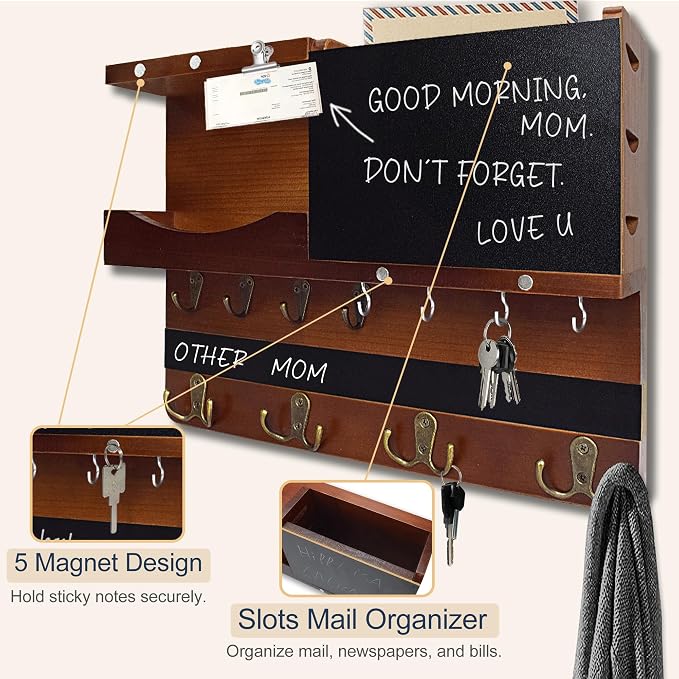 Key Holder for Wall Mount with Shelf and Mail Organizer, Key and Mail Holder with 16 Hooks, Farmhouse Entryway Organizer, Home Decor Rack(Pine Wood, Brown) - Image 7