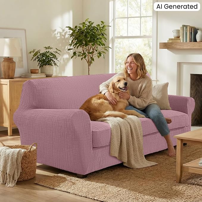 CYCMCAO 3 Piece Stretch Sofa Cover Couch Covers for 2 Cushion Couch, Non Slip Loveseat Covers, Sofa Covers Washable with Elastic Bottom for Kids, Dogs (Pink), 55"-69" (2 Cushion Loveseat) - Image 3
