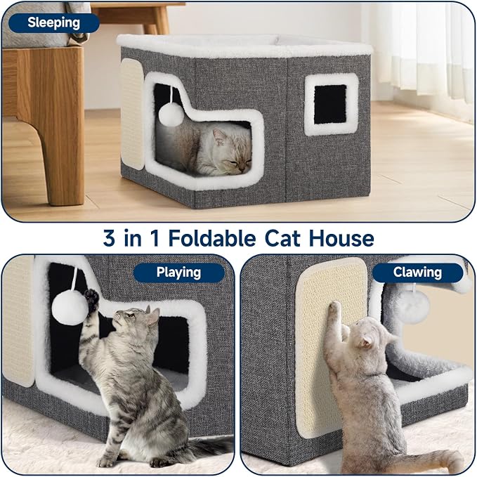 Cat Beds for Indoor Cats, Large Cat Cave with Cozy Hideout, Scratch Pad, Fluffy Ball, Foldable Cat Hideaway Hold Up to 30LBS, Indoor Cat House with Reversible Soft Cushions for All Seasons, Grey - Image 5