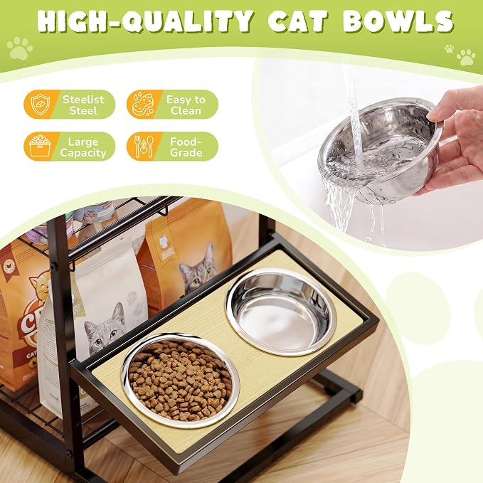 Elevated Cat Bowl Stand Feeding Station, 3-Tier Cat Food Organizer & Storage, Pet Feeding Station with Cat Table, Cat Food Stand for Large Medium Cats, 3 Height Adjustable, Black - Image 2
