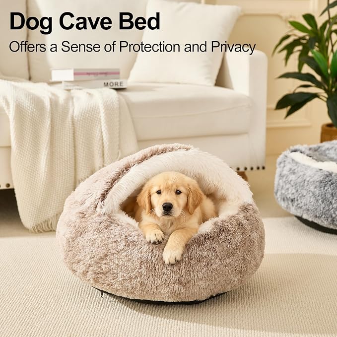 Calming Dog Beds & Cat Cave Bed with Hooded Cover,Removable Washable Round Beds for Small Medium Pets,Anti-Slip Faux Fur Fluffy Coved Bed for Improved Sleep,Fits up to 15/25 lbs(Medium,24"x24") - Image 3