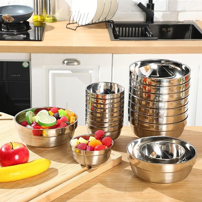 Mimorou 20 Pack 304 Stainless Steel Bowls Set 13 oz 34 oz Metal Double Walled Insulated Snack Mixing Lightweight Multipurpose Toddler Dinner Bowls for Ice Cream, Cereal, Snack - Image 4