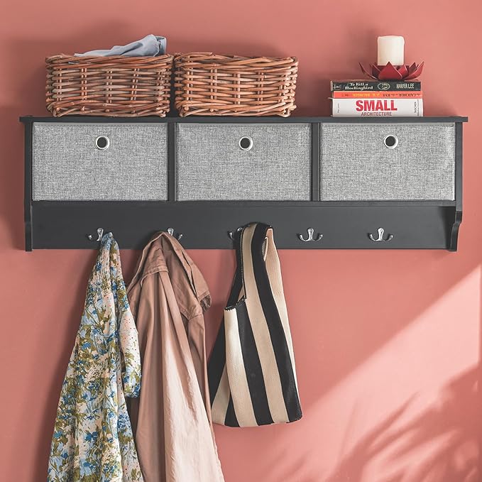 SoBuy Wall Shelf with Hooks | Coat Rack Wall Mount with Shelf Entrywall Storage Cabinet Unit with 3 Baskets 5 Hooks, Black, FRG282-SCH - Image 2