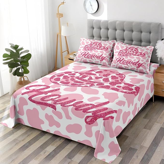 WeCozy Twin Size Bed Sheet Sets with Pillowcases, Western Cowboy Cow 3 Pcs Soft Microfiber Bedding for Kids and Adults, Pink Leopard Print Cowgirl Flat, Fitted Sheet for Bedroom Bed Decor - Image 4