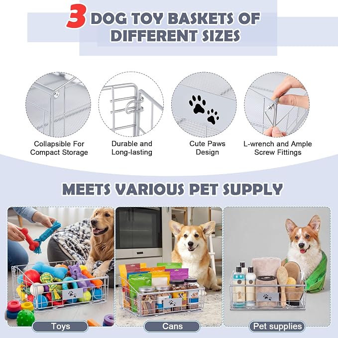 Mimorou 3 Pack Metal Dog Toy Baskets Multi-sized Foldable Dog Toy Bins Box Storage Container Organizer for Living Room Area Decorative Pet Accessories Coat Clothing Storage Holder Baskets(Silver) - Image 3