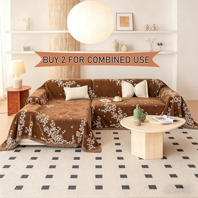 STACYPIK Botanical Aesthetics Coffee Couch Cover Vintage Ginkgo Leaf Sofa Cover for 3 Cushion Couch Soft Chenille Loveseat Couch Slipcover for Sectional with Tassels Sofa Protector for Pets-71X134IN - Image 2