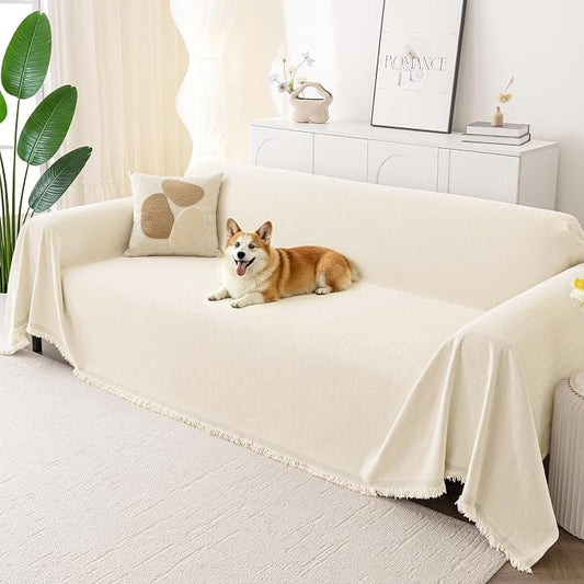 Smiry Couch Cover for Dogs, Chenille Sofa Covers for 3 Cushion Couch | Washable Soft Sofa Slipcover for Pets, Thick Sectional Furniture Protector with Tassels (Beige, 88.5x118 Inch) by Smiry