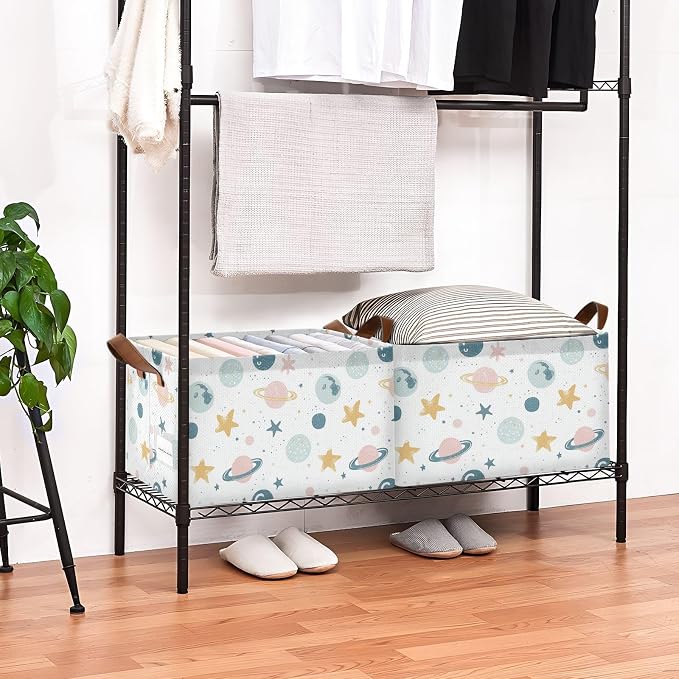 Cute Celestial Stars and Planet Baby Storage Basket with Labels&Handles Rectangular Waterproof Nursery Storage Bins Collapsible Shelf Organizer Baskets for Kids Books Cloth Gift Toys Laundry - Image 2