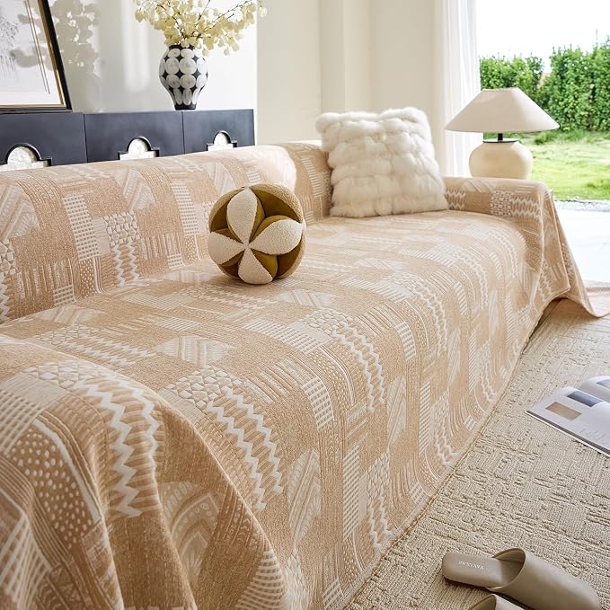 DREAMINGO Vintage Patchwork 3-Layer Gauze Geometric Jacquard Sofa Cover, Farmhouse Couch Cover Blanket for 2 Seater, Living Room Washable Furniture Protector, Apricot Orange, 91"x118" - Image 2