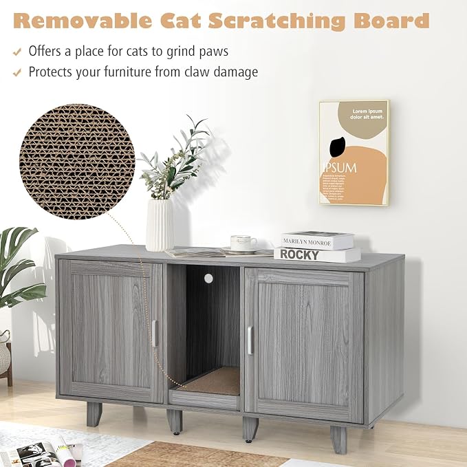Tangkula Patented Double Cat Litter Box Enclosure for 2 Cats, Large Stackable Hidden Privacy Cat Washroom Cabinet with Scratching Board, Indoor Cat House TV Stand, Litter Box Furniture (Grey Oak) - Image 6