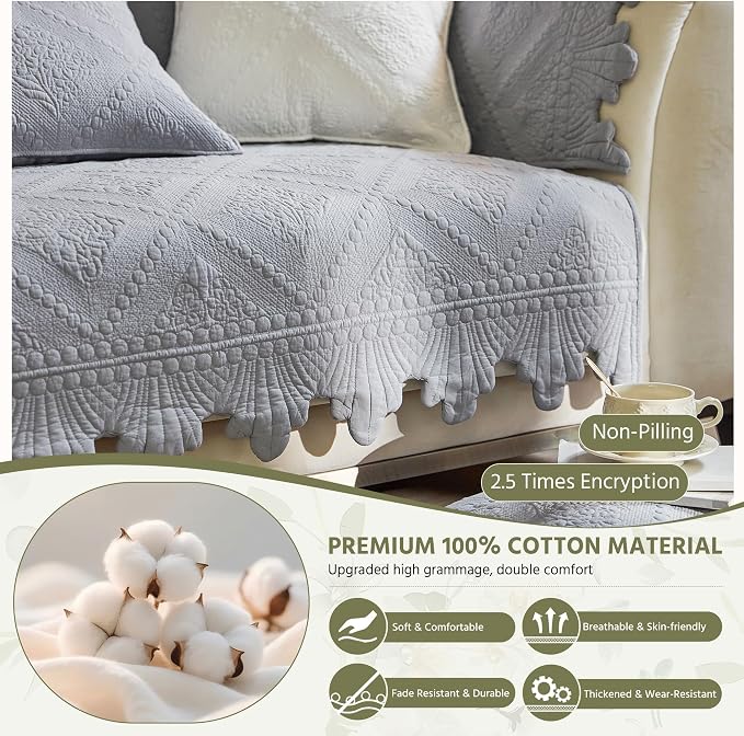 OTOB Quilted Pet Couch Cover Washable, Non-Slip Sofa Protector, 1 Piece | Gray, 27.6"x59.1", Premium Cotton, Rustic Farmhouse Embroidery, All Seasons, Soft Thick, Breathable, Wear-Resistant - Image 3