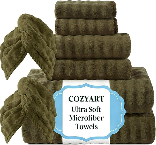 COZYART Lint Free 8 Pcs Bathroom Towels Set Ultra Soft Microfiber Fluffy | Thick, Highly Absorbent, Fast Dry, No Shedding, No Pilling, Fade Resistant, Durable, Long-lasting Olive Green by COZYART