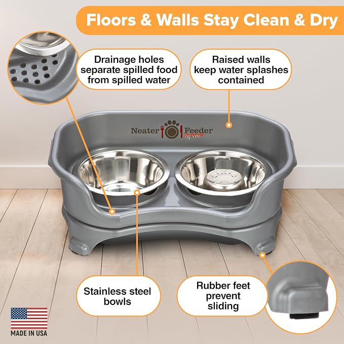 Neater Feeder Express Mess Proof Dog Bowls Elevated for Small Breed – Made in USA – No Spill Raised Slow Feeder Elevated Dog Bowl Stand, Stainless Steel Food and Water Bowl Set, Grey - Image 5
