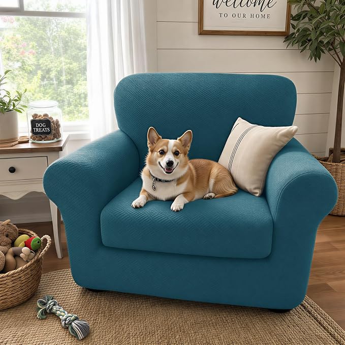 XINEAGE New 2 Pieces Chair Covers with Arms Super Stretch Chair Slipcover for Living Room Pet Dog Universal Slip Cover Anti Slip Armchair Furniture Protector (Peacock Blue), 31"-46"(1 Cushion) - Image 3