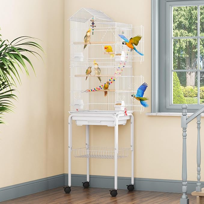 DWVO 62-inch Metal Bird Cage for Cockatiels, Parrots, Pigeons | Bird Cage for Cockatiels, Parrots, Pigeons, Lovebirds, Features Roof Access and Rolling Stand, White - Image 7