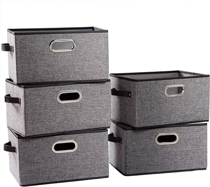 PRANDOM Larger Collapsible Storage Bins for Closet [5-pack] Decorative Linen Fabric Storage Baskets Cubes with Leather/Metal Handles for Living Room Grey (17.3x12.2x10.4 Inch) by Prandom