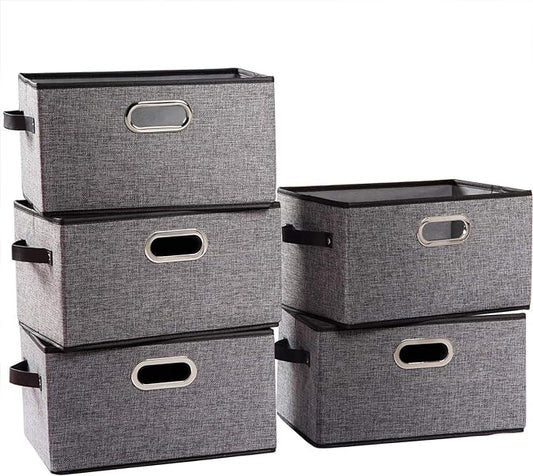 PRANDOM Larger Collapsible Storage Bins for Closet [5-pack] Decorative Linen Fabric Storage Baskets Cubes with Leather/Metal Handles for Living Room Grey (17.3x12.2x10.4 Inch) by Prandom