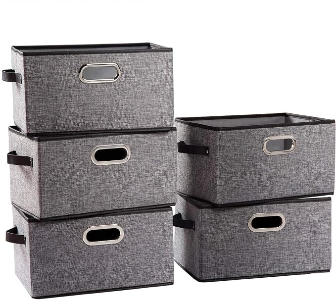 PRANDOM Large Collapsible Storage Baskets for Closet [5-pack] Decorative Fabric Storage Bins Cubes with Leather/Metal Handles for Shelves Bedroom Living Room Grey (14.9x9.8x8.3 Inch) by Prandom