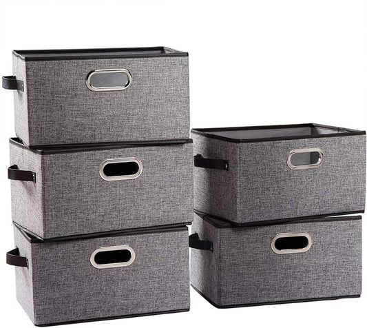 PRANDOM Large Collapsible Storage Baskets for Closet [5-pack] Decorative Fabric Storage Bins Cubes with Leather/Metal Handles for Shelves Bedroom Living Room Grey (14.9x9.8x8.3 Inch) by Prandom