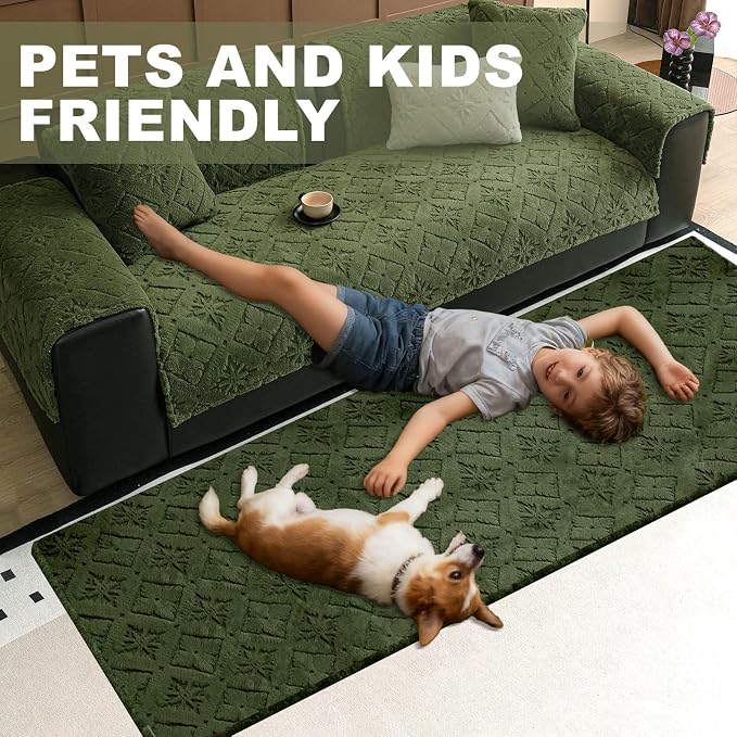 STACYPIK Fuzzy Plush Washable Dog Couch Cover, Boho Geometric Green Sofa Dog Bed Protector Living Room, Anti-Scratch Anti-Slip Armrest Headrest, Jacquard Pet Protector for 3 Cushion Couch-27.6X70.9IN - Image 3