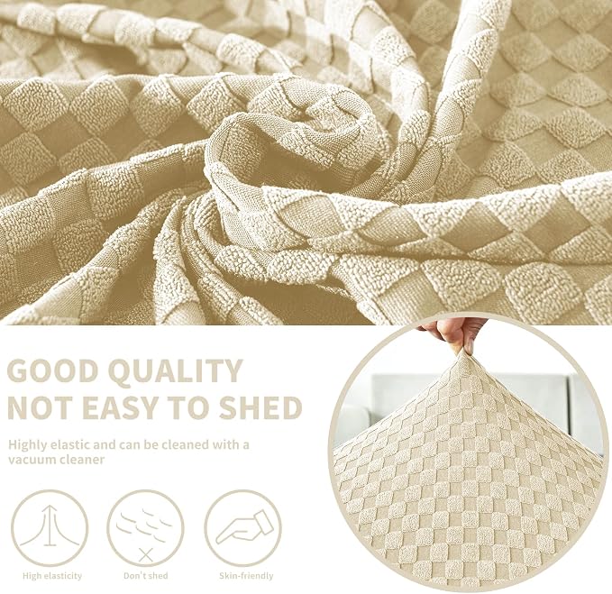 【Clearance】 Stretch Individual Cushion Covers Sofa Seat Cushion Slipcovers Soft Couch Cover Replacement Large Checkered Furniture Protector with Elastic Bottom (3 Pc Cushion Cover, Light Beige) - Image 3