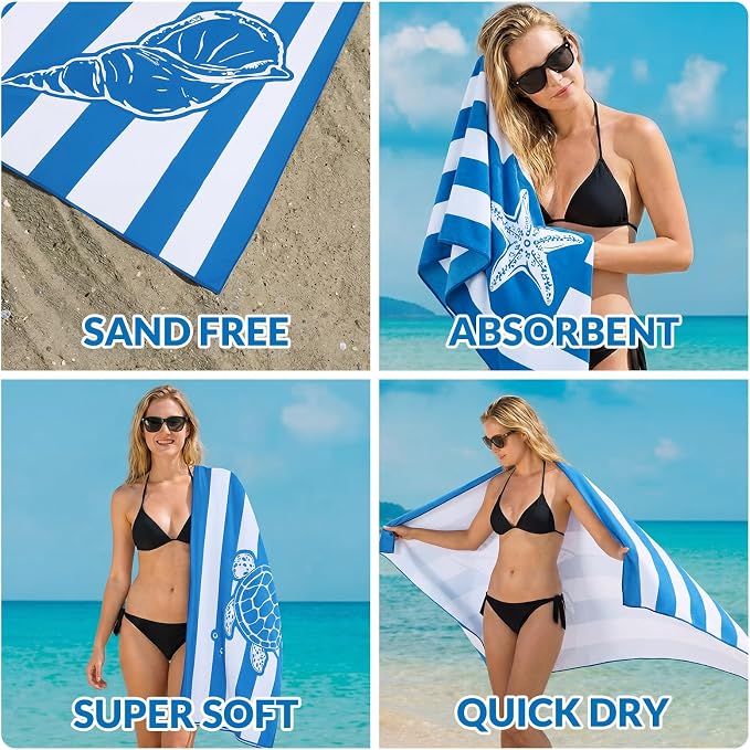 Frienda 4 Pack Microfiber Oversized Lightweight Beach Towel 71x32 in for Women Men Microfiber Quick Dry Sand Free Ocean Coastal Towels for Beach Pool Travel (Blue and White Stripes) - Image 7