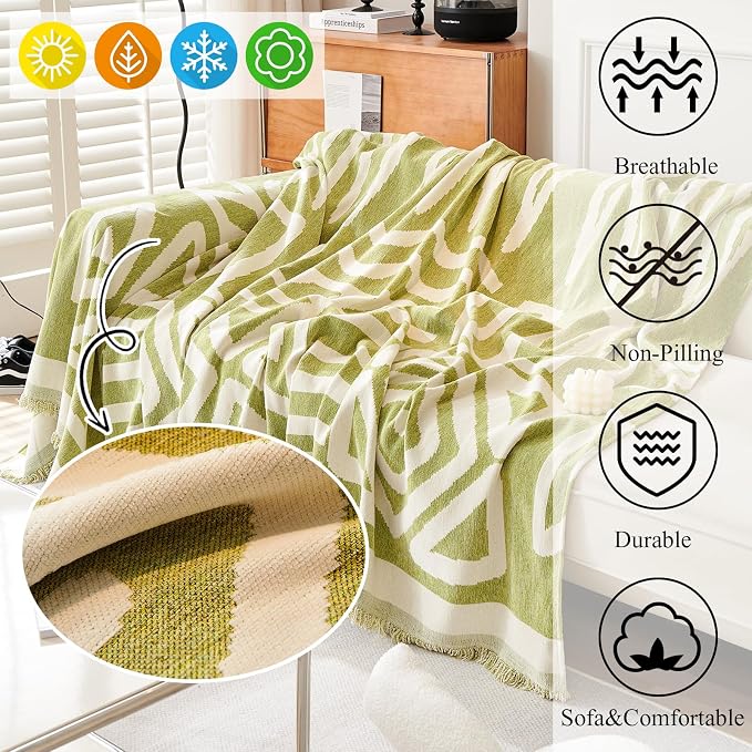 91" x118" Green Geometric Pattern Reversible Chenille Sofa Cover with Tassels Thick Couch Cover for All Shape Sofas Boho Sofa Slipcover Furniture Protector for Dog Pet Scratching, Washable - Image 3