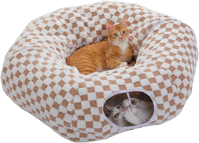 PEQULTI Cat Tunnel with Cat Bed for Indoor Cats, Cat Play Donut Tunnel with Washable Soft Plush Mat, Round Tunnel Toys Cute Tube for Kittens, Puppies, Rabbits and Ferrets, Brown by PEQULTI
