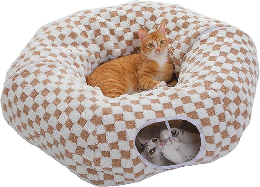 PEQULTI Cat Tunnel with Cat Bed for Indoor Cats, Cat Play Donut Tunnel with Washable Soft Plush Mat, Round Tunnel Toys Cute Tube for Kittens, Puppies, Rabbits and Ferrets, Brown by PEQULTI