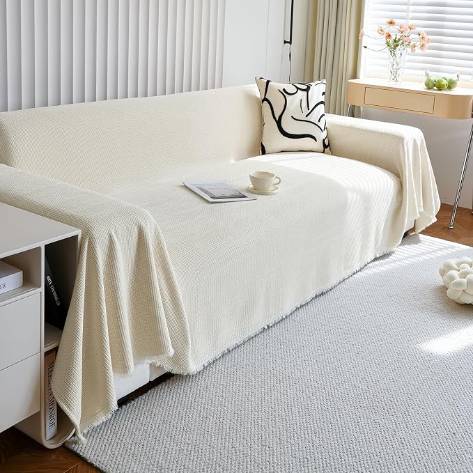 Beige Chenille Couch Cover for Dogs Kids Solid Sofa Cover with Tassels for Loveseat Chaise Lounge Armless Sofa Furniture Protector for Pet Scratching, Machine Washable 71''×118'' - Image 3