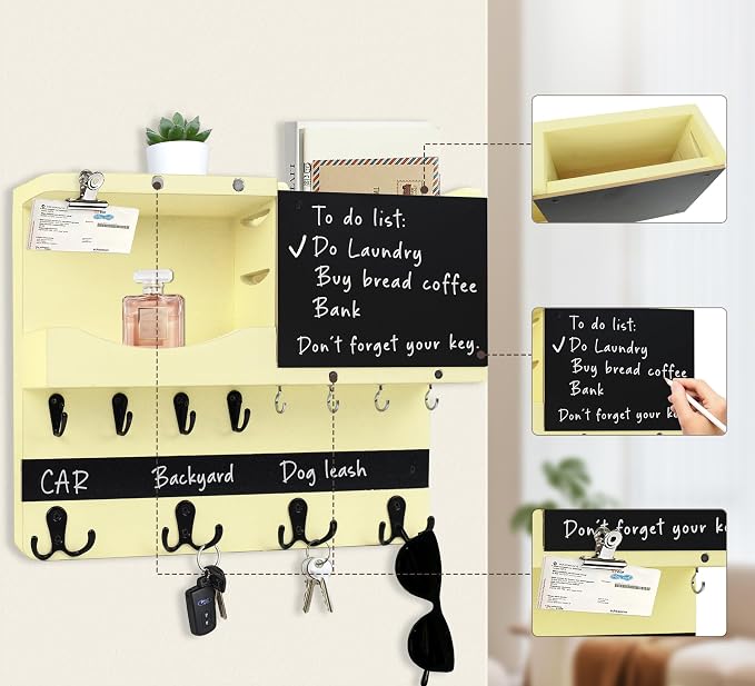 Key Holder for Wall Mount with Shelf and Mail Organizer, Key and Mail Holder with 16 Hooks, Farmhouse Entryway Organizer, Home Decor Rack(Pine Wood,Ivory Yellow) - Image 7