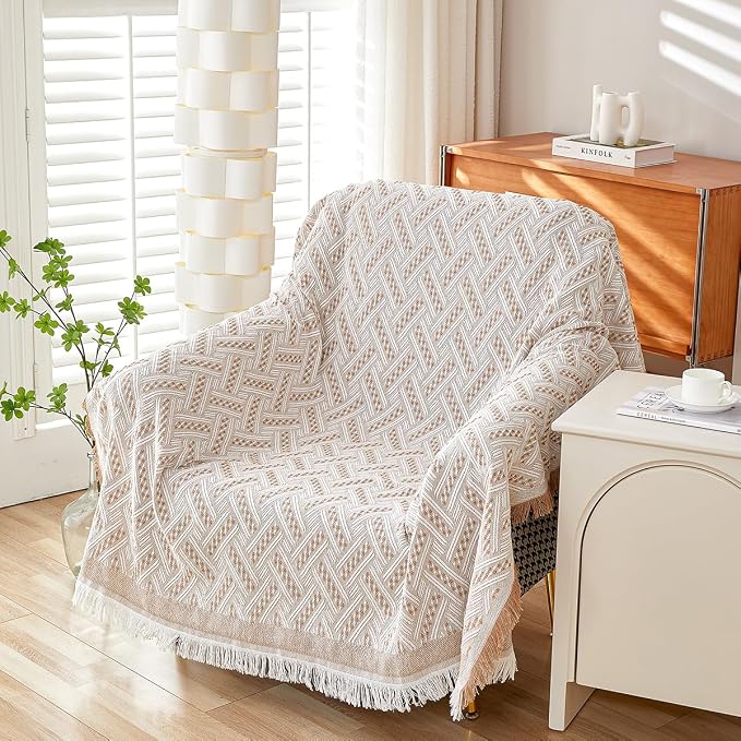 AIVIA Slipper Chair Cover Sheet Blanket, Reversible Anti Slip Throw Cushion Covers for Single Seat Chair Recliner Armchair Ottomans Furniture Decorations Protector Slipcover (White Khaki, 51"x71") | Reversible, Anti Slip, Armchair Ottomans Throw Decor,... - Image 3