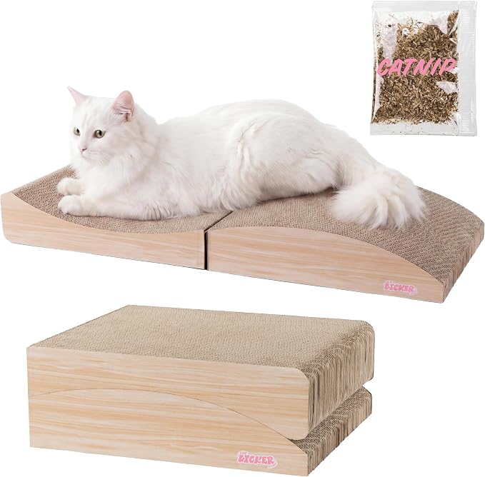 Eero 32" Modern Foldable Lounge Cat Scratcher with Catnip, Large Corrugated Cardboard Sofa Scratching Pad for Indoor Cats, Oak Wood, Oak Wood Finish CSR1011D by THELICKERSTORE