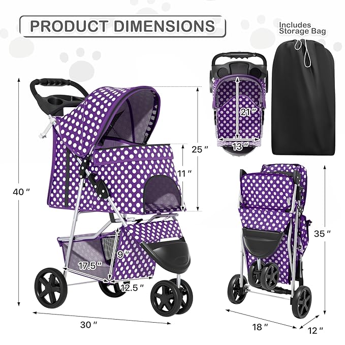 MoNiBloom 3 Wheels Pet Dog Cat Stroller for Small Medium Dogs Cats, Foldable Jogger Stroller w/Storage Basket and Cup Holder, Purple Polka Dots