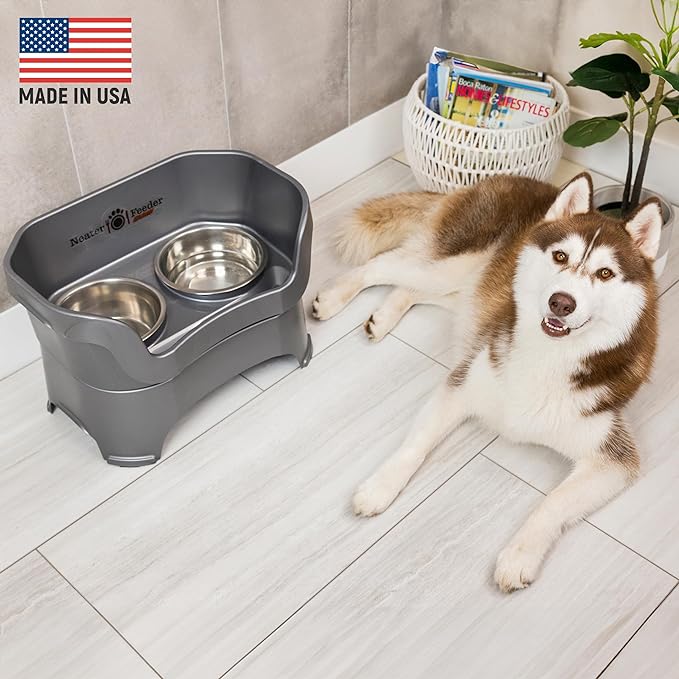 Neater Feeder Deluxe Mess Proof Dog Bowls Elevated for Large Breeds – Made in USA – No Spill Raised Slow Feeder Elevated Dog Bowl Stand, Stainless Steel Food and Water Bowl Set, Grey - Image 2